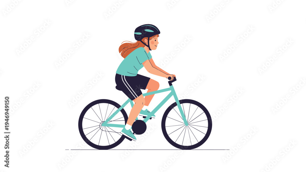 Fototapeta premium Young girl with long hair wearing a safety helmet and riding a bicycle, promoting healthy active habits for children.