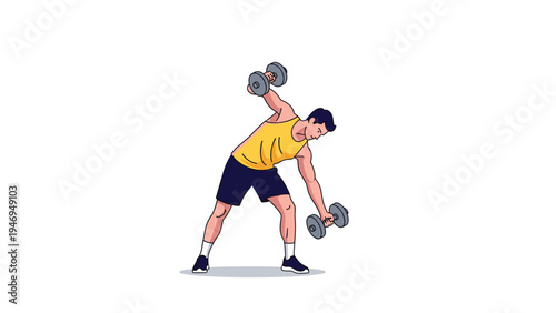 Strong man performing bent-over dumbbell rows as part of his strength training routine in a minimalist setting.
