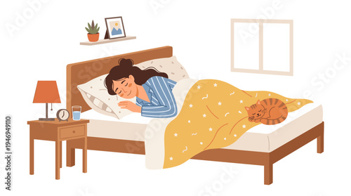 A woman lies asleep in bed, a cat perched on the corner, while she dreams peacefully beneath a snug blanket; the sleepy pet owner is depicted in a flat vector illustration against a white background