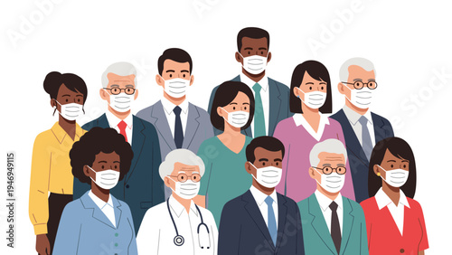 Diverse group of people from various professions wearing surgical masks to promote health and safety awareness.