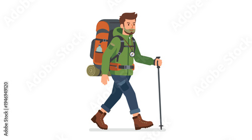 A male hiker on an adventure, carrying a large backpack, walking and hiking, depicted as a flat vector illustration on a white background