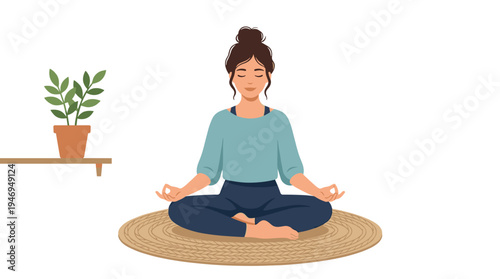 A girl sits cross‑legged on the floor, meditating in a calm, home‑based yoga session featuring Buddhist meditation and Pranayama breath control, depicted in a flat cartoon vector style
