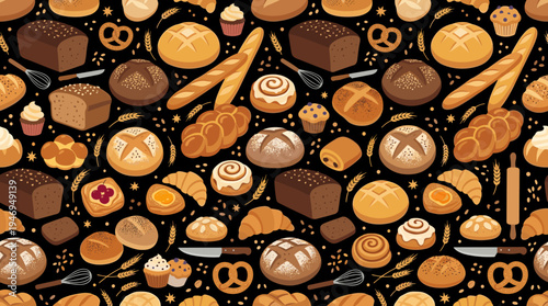 A sophisticated continuous pattern featuring tasty whole-grain rye and wheat loaves, freshly baked goods, and sweet pastries against a black backdrop, rendered as a vector for fabric, wallpaper, and