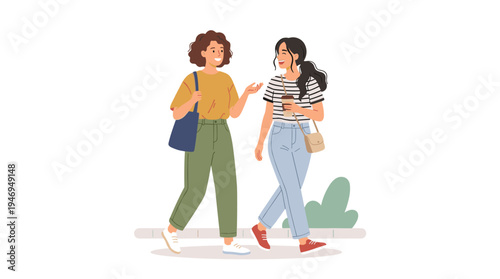 Joyful women strolling and conversing, friends chatting while going outdoors together, modern smiling girlfriends speaking as they walk down the street, all depicted in a flat vector illustration set