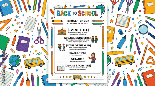A vertical flyer or poster template for Back to School, featuring a text placeholder and adorned with patterned or textured stationery, presented as a colorful, trendy vector illustration for the