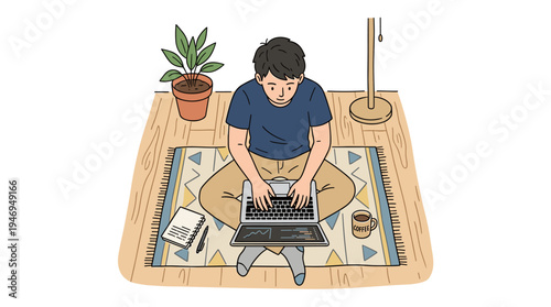 A young man, depicted in hand‑drawn contour style, sits on the floor at home with a laptop, shown from a top view against a white background