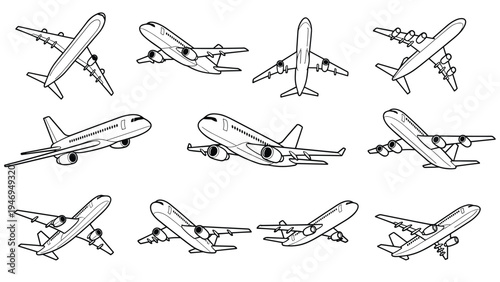 Multiple commercial airplane line art illustrations show various aircraft models from different flying perspectives.