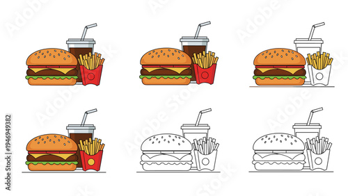 Fast food meal illustration set presents different versions of a classic burger with French fries and a soda cup.