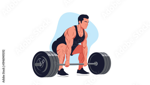 Powerful male athlete performs a deadlift exercise with a heavy barbell to demonstrate strength and fitness training.