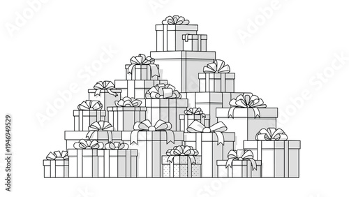 Pyramid stack of wrapped gift boxes is illustrated in clean black and white line art for a festive holiday celebration.