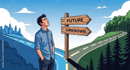 Man Looking at Road Signs.