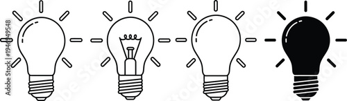Four light bulbs in a row one black one filament two outlines lightbulb idea