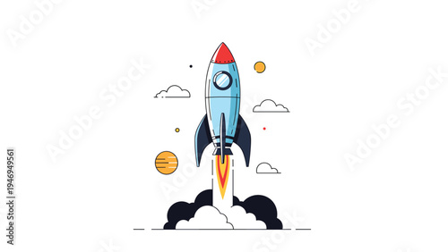 Stylized rocket ship blasts off into space with colorful planets and white clouds in a modern flat design graphic.