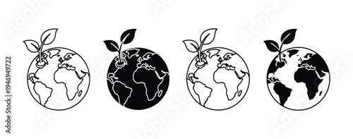 Four stylized earth globes with sprouting leaves in black and white planet world