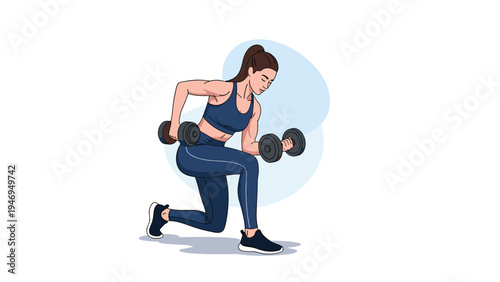 Fit woman in athletic wear performs weighted lunges with dumbbells to demonstrate leg and glute muscle training.