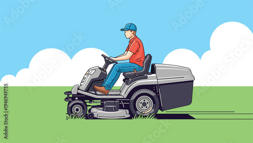 Professional gardener drives a riding lawnmower across a lush green field under a bright blue sky with white clouds.