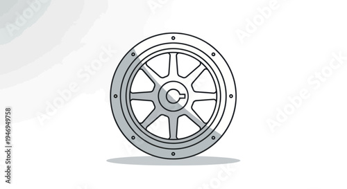 Simple line art illustration of an industrial vehicle wheel.