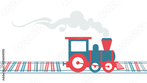 Colorful vintage steam locomotive train travels along tracks with a large cloud of smoke coming from its funnel.
