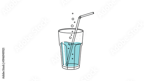 Refreshing glass of sparkling water with air bubbles rising and a flexible drinking straw isolated on white background.