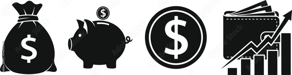 Fototapeta premium Money bag piggy bank coin wallet and rising graph icons finance banking