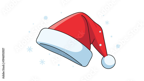 Red and white Santa Claus hat tilted to the side and surrounded by gentle falling snowflakes on a white background.