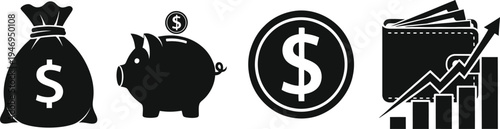 Money bag piggy bank coin wallet and rising graph icons finance banking