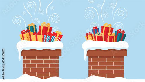Two brick chimneys overflowing with colorful wrapped Christmas presents under a clear blue sky with festive swirls.