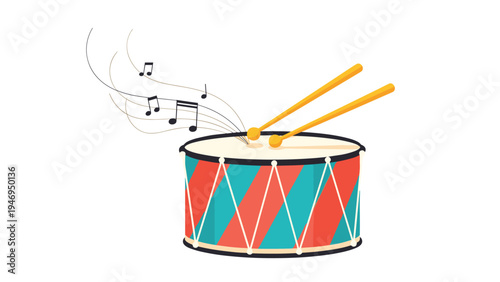Colorful toy drum with two wooden drumsticks and flying musical notes representing rhythm and entertainment on white.