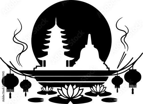 A serene and peaceful vector graphic illustration of a temple with a large moon and lotus flowers