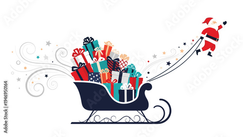 Small Santa Claus pulling a large sleigh full of colorful wrapped gift boxes leaving a trail of magic stars behind.