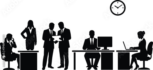 Business office workplace silhouettes showing professionals meeting, discussing documents, working at computer and laptop in corporate teamwork environment