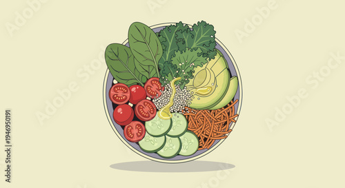 A vibrant and healthy vegan salad bowl with fresh vegetables and dressing.