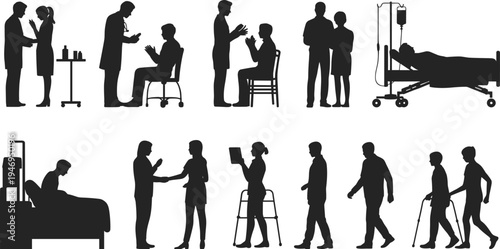 Healthcare and hospital patient care silhouettes set, doctors nurses treating patients, medical consultation recovery therapy and rehabilitation illustration