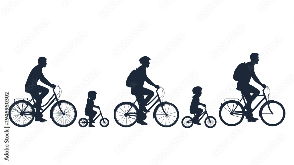 Naklejka premium Silhouettes of five family members of various ages riding different types of bicycles in a row on a white background.