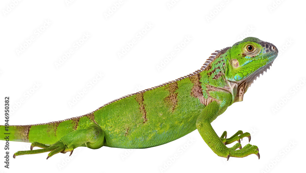 Fototapeta premium Isolated vibrant green iguana, beautiful tropical reptile standing, detailed scaly skin texture.