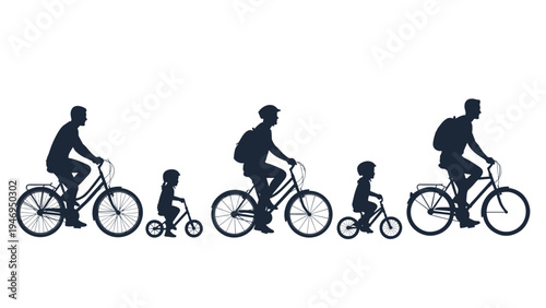 Silhouettes of five family members of various ages riding different types of bicycles in a row on a white background.