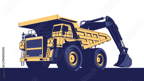 Massive yellow mining dump truck paired with a dark blue excavator for heavy duty industrial construction work.
