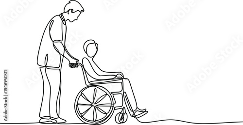 Minimalist continuous line drawing of caregiver pushing wheelchair, healthcare support illustration, rehabilitation assistance concept, disability care art, medical compassion design