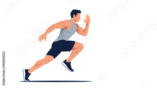 Athletic man in a gray tank top and black shorts running fast with strong muscles against a plain white background.