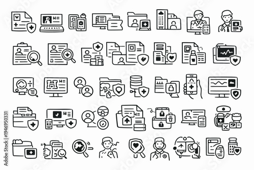 Collection of icons depicting various aspects of digital security and data management