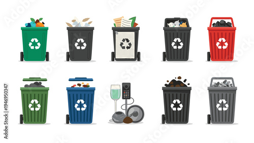 Collection of ten colorful recycling bins for different types of waste and materials arranged in two rows on white.