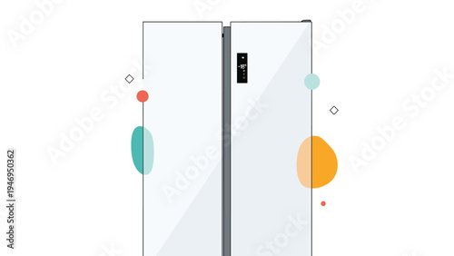 Modern white double door smart refrigerator with a digital display panel and decorative colorful shapes on white.
