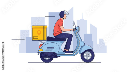 Delivery courier wearing a helmet and riding a blue scooter with a yellow box through a city with tall buildings.