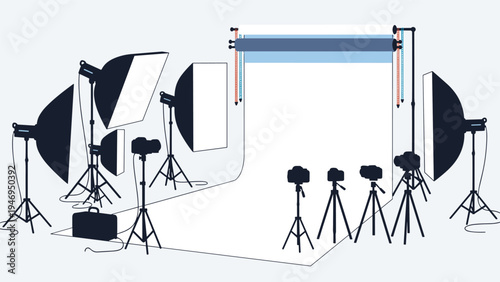 Complete professional photography studio setup with various lighting equipment, backdrops, and multiple cameras.