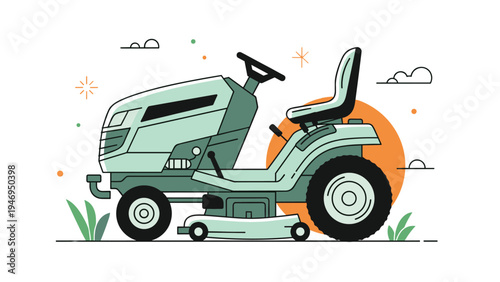 Light green riding lawn mower with a large black wheel and a seat parked outdoors on grass against a sun background.