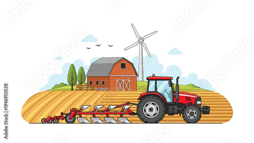 Powerful red tractor pulling a plow through a golden field on a modern farm with a red barn and a wind turbine.
