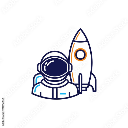 An illustration of an astronaut in a spacesuit standing next to a white rocket, symbolizing space exploration and adventure.