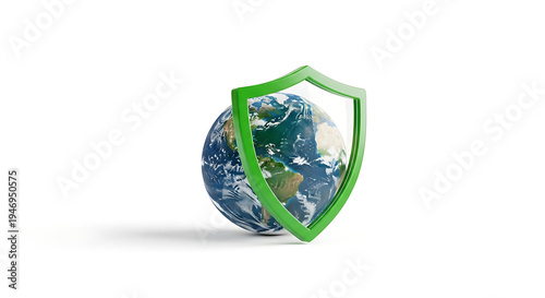 Green shield protecting Earth globe, eco protection symbol