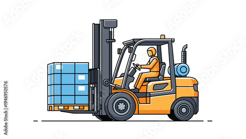 Industrial orange forklift truck with a driver lifting a stack of blue boxes on a pallet in a warehouse setting.
