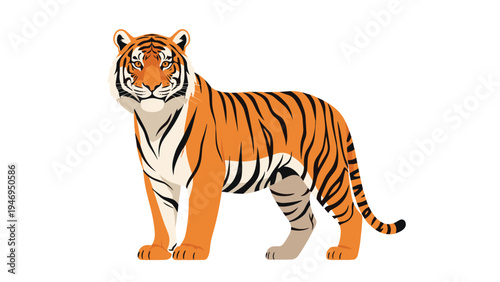 Large majestic tiger with orange and black stripes standing in a profile view against a plain white background.